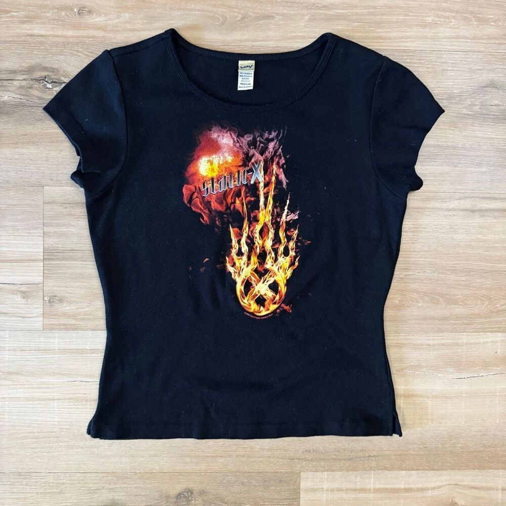 Vintage Y2K Women’s Black Static X Flame Logo Graphic Shirt Size Medium 2005